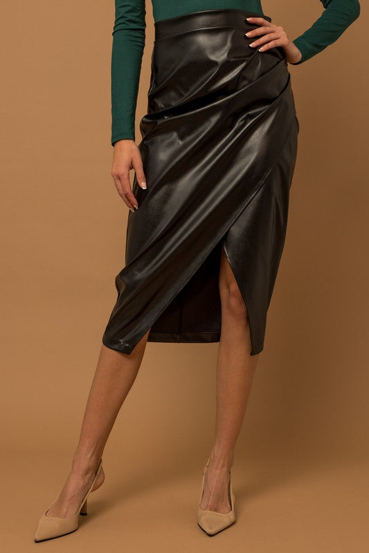 Back Zipper Side Pleated Wrap PU Midi Skirt