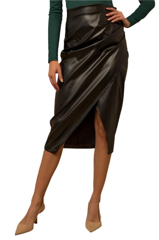 Back Zipper Side Pleated Wrap PU Midi Skirt