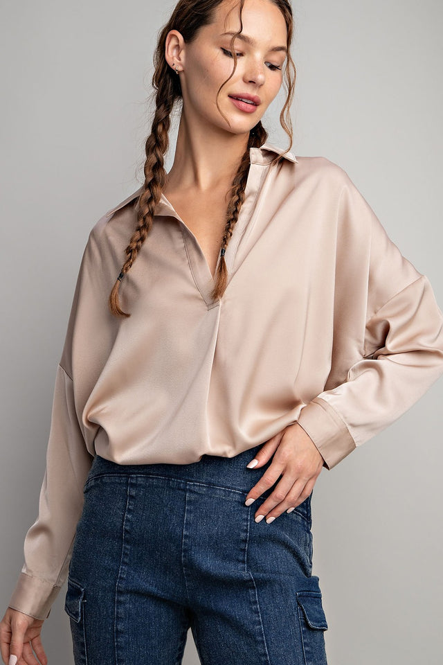 Tab Collar Blouse Top in Taupe