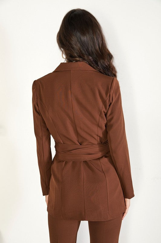Padded Shoulder Blazer with Tie Belt