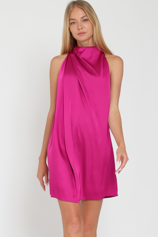 Cowl High Neck Sleeveless Satin Mini Dress