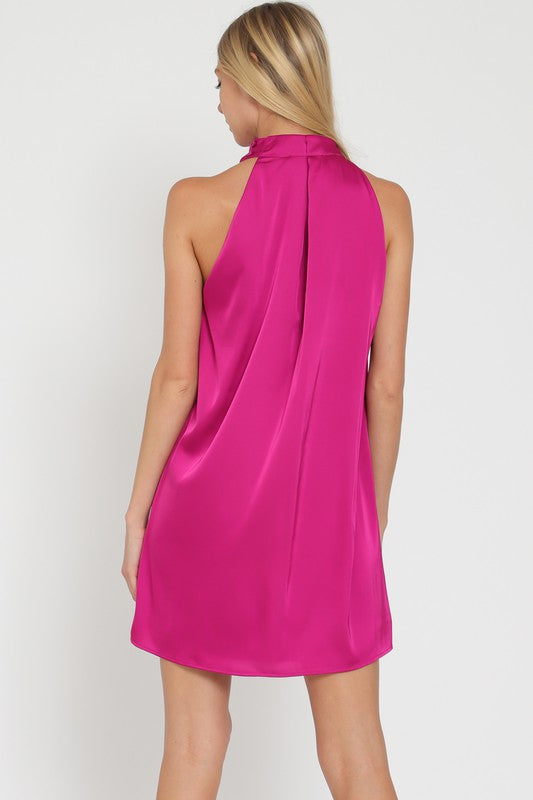 Cowl High Neck Sleeveless Satin Mini Dress