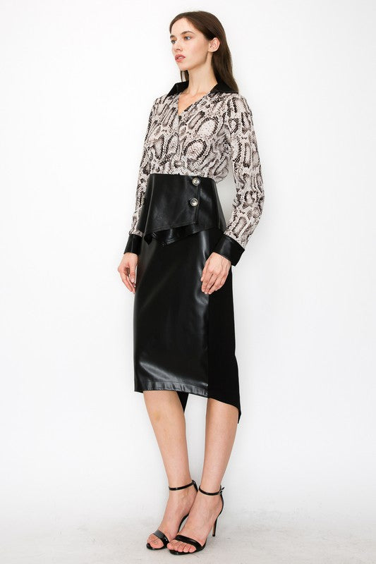 Snake Print Long Sleeve with Faux Leather Collar