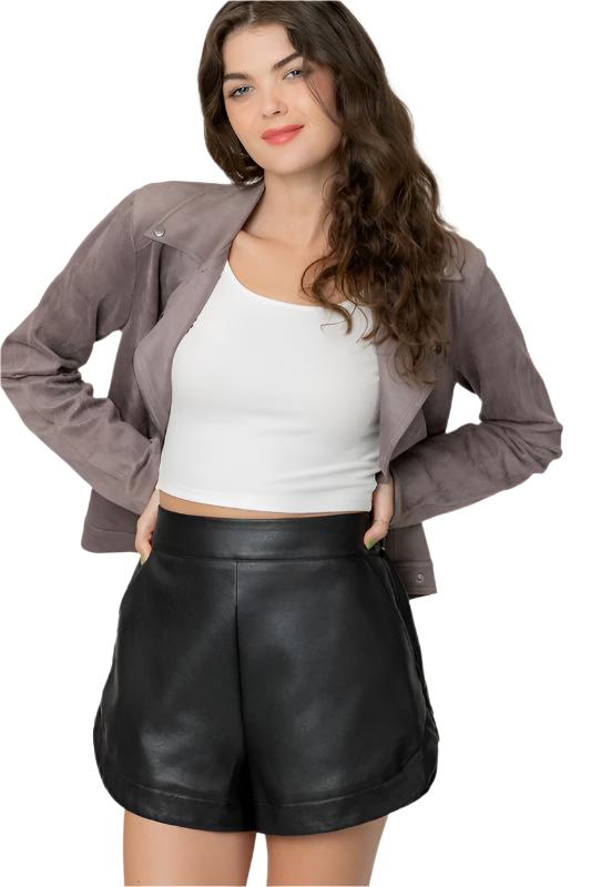 Faux Leather Shorts with Back Elastic Waist Band