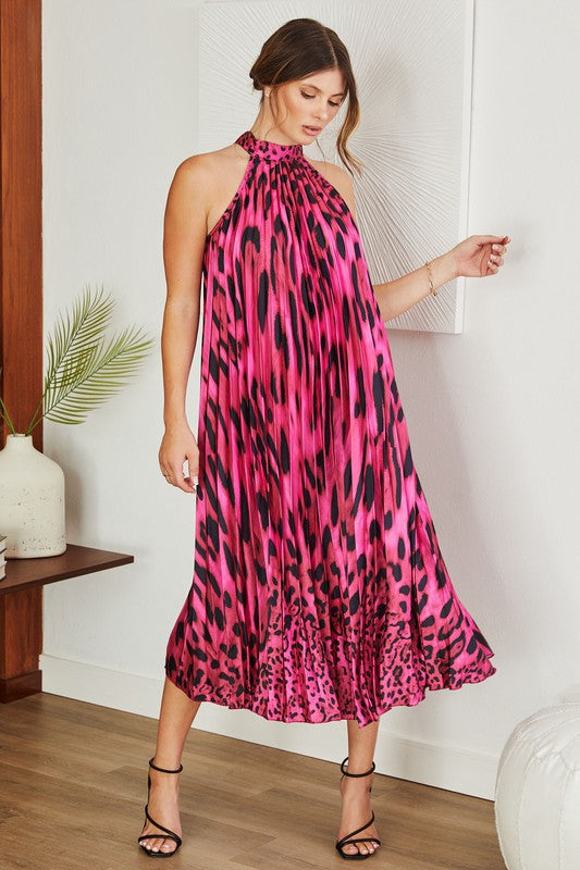 Animal Hybrid Print Pleated Long Halter Dress