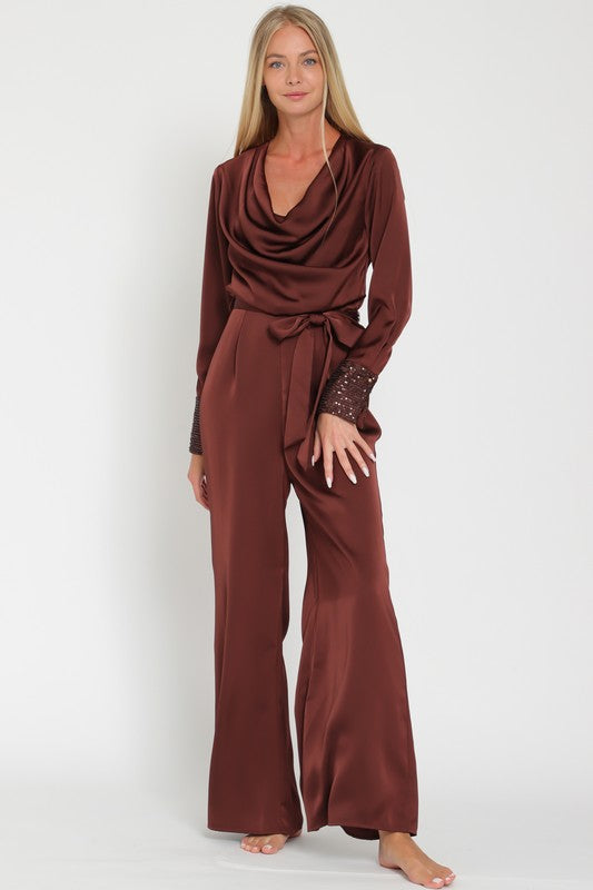 Cowl Belted Sequin Sleeve Band Detailing Jumpsuit