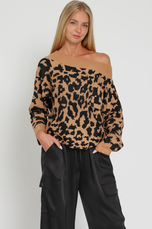 Long Sleeve Off Shoulder Leopard Printed Sweater Top
