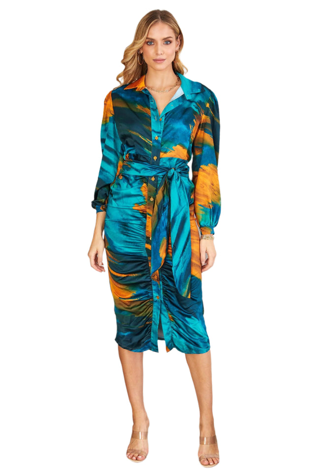 Brushstroke Print Ruched Tie Back Dress