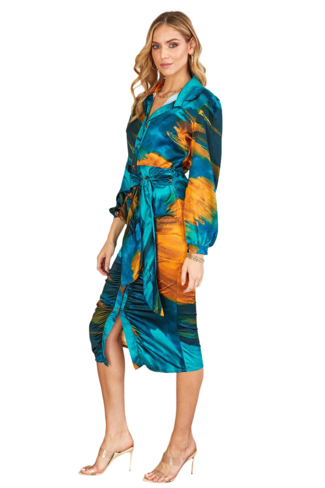 Brushstroke Print Ruched Tie Back Dress