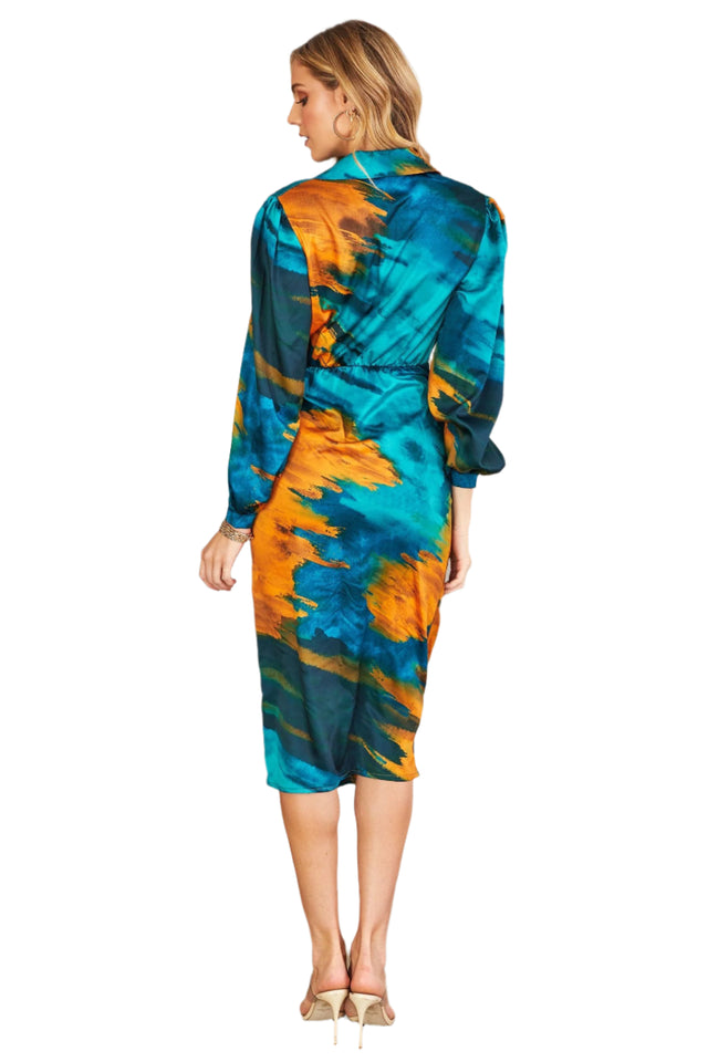 Brushstroke Print Ruched Tie Back Dress