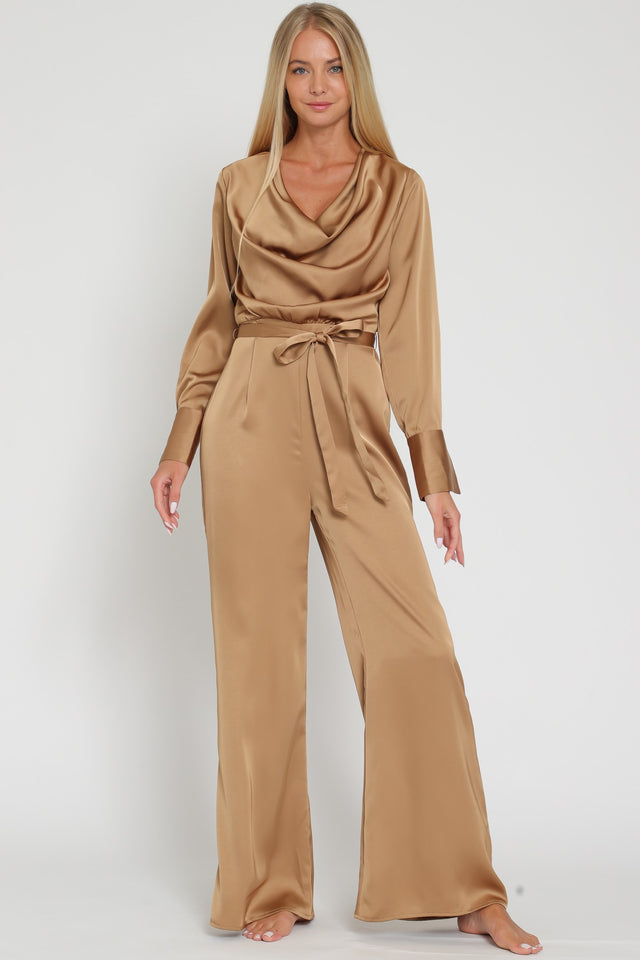 Cowl Neck Long Sleeve Belted Jumpsuit
