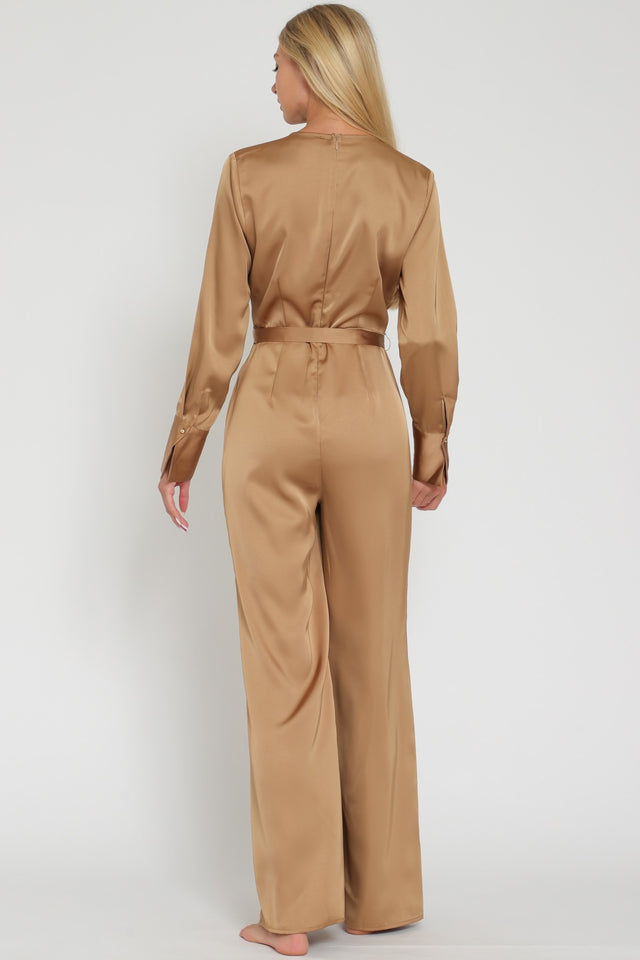 Cowl Neck Long Sleeve Belted Jumpsuit