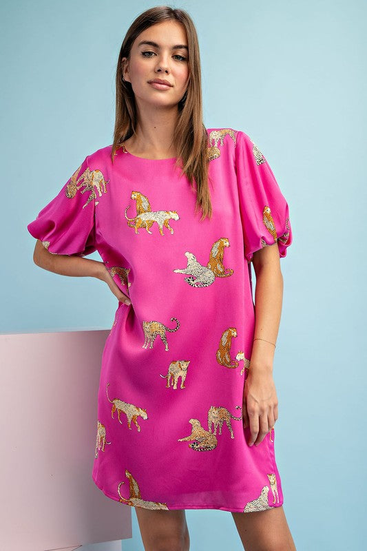 Leopard Print Puff Sleeve Mini Dress