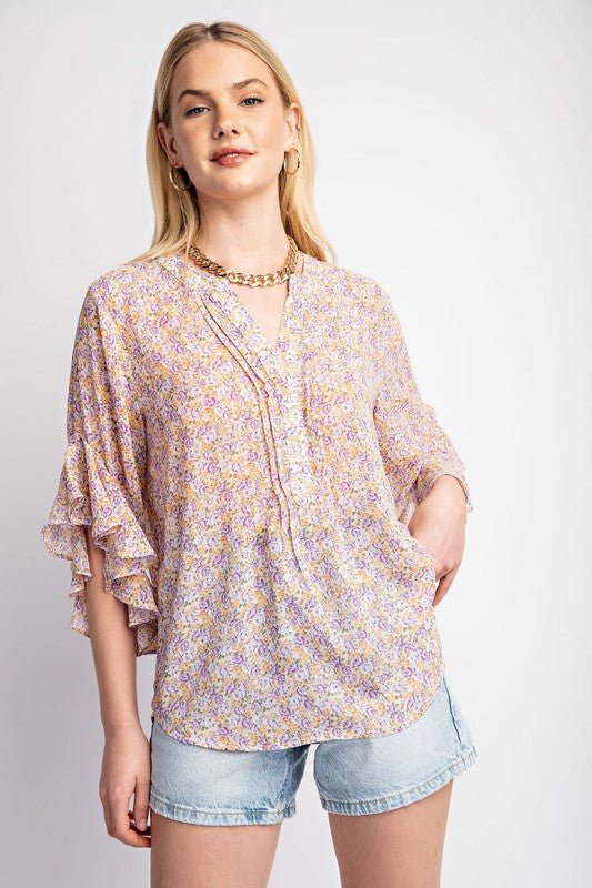 Floral Chiffon Blouse with Flutter Sleeves