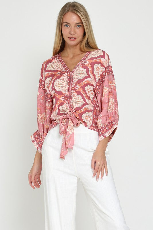 Dolman Sleeve Tie Front Waisted Border Printed Top