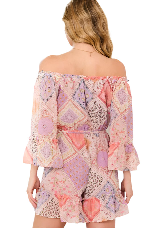 Off Shoulder Ruffle Sleeve Bottom Romper