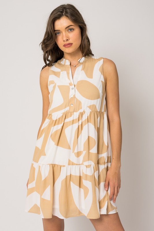 Sleeveless Button Down Shirring Abstract Dress