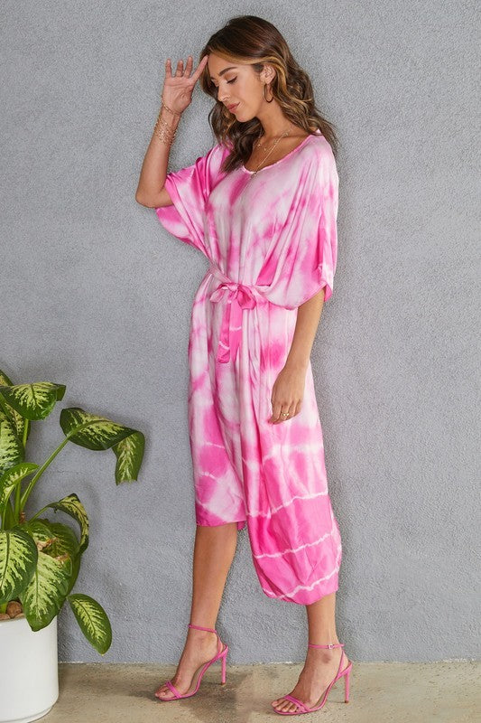 Tie Dye Silk Blend Long Kaftan With Tie Belt