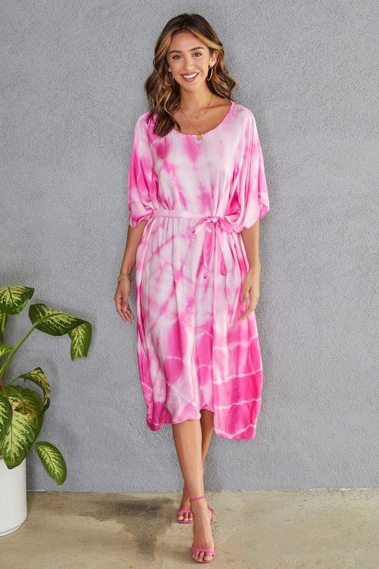 Tie Dye Silk Blend Long Kaftan With Tie Belt