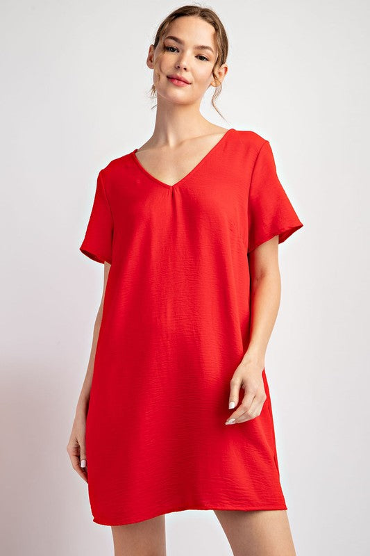 Solid Short Sleeve V Neck Mini Dress