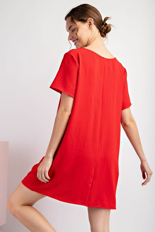 Solid Short Sleeve V Neck Mini Dress