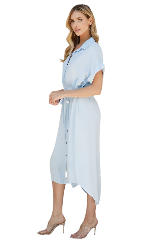 Solid Twill Collared Hi Lo Hem Maxi Shirt Dress