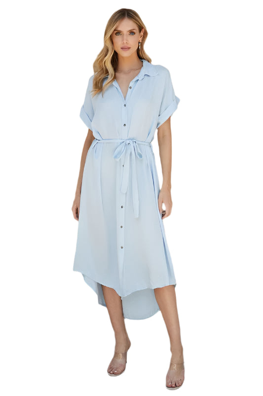 Solid Twill Collared Hi Lo Hem Maxi Shirt Dress