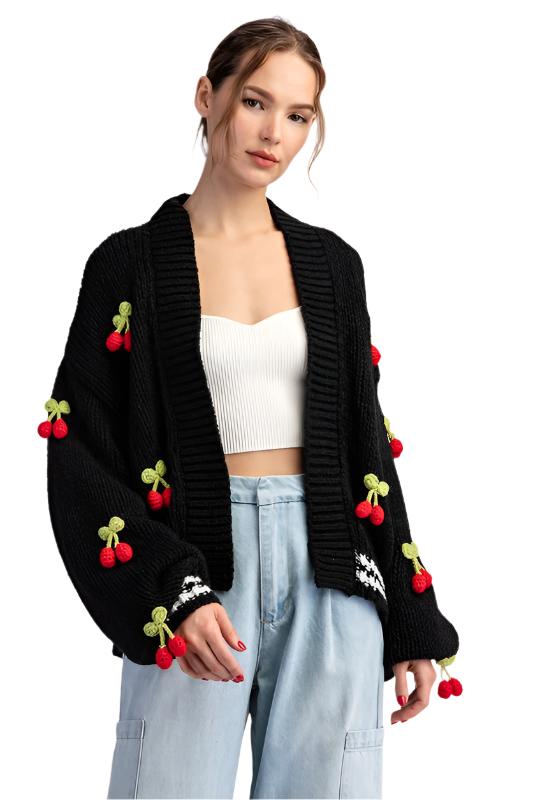 3D Cherry Knit Open Cardigan