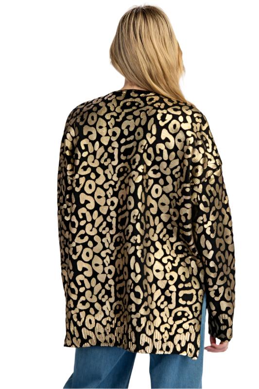 Metallic Animal Print V Neck Sweater