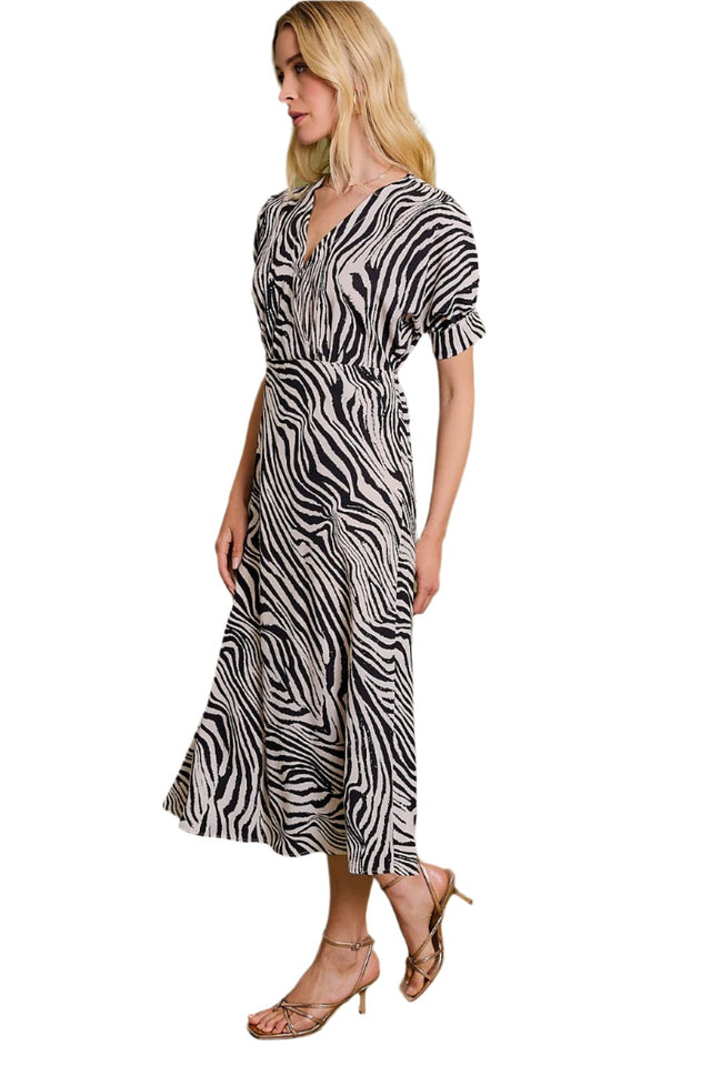 Short Puff Sleeve Surplice Animal Print Midi Dress