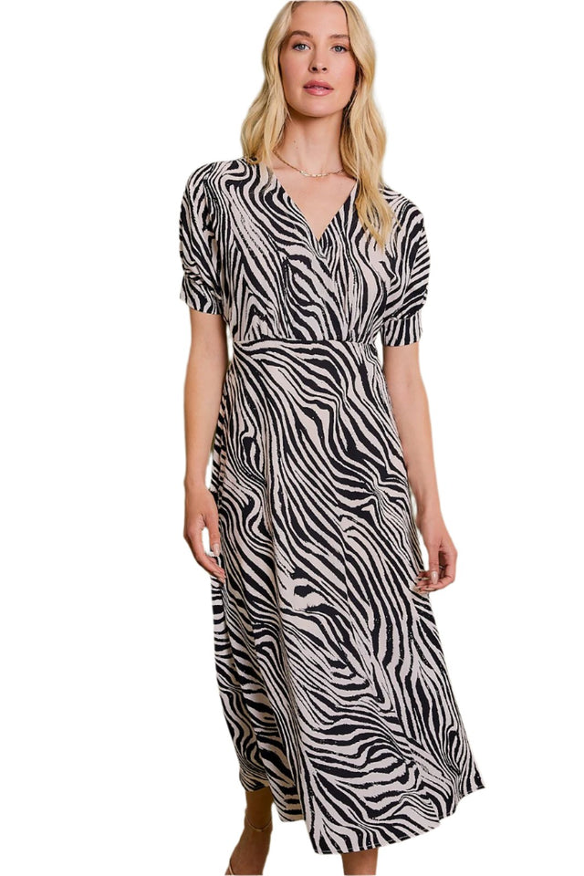 Short Puff Sleeve Surplice Animal Print Midi Dress