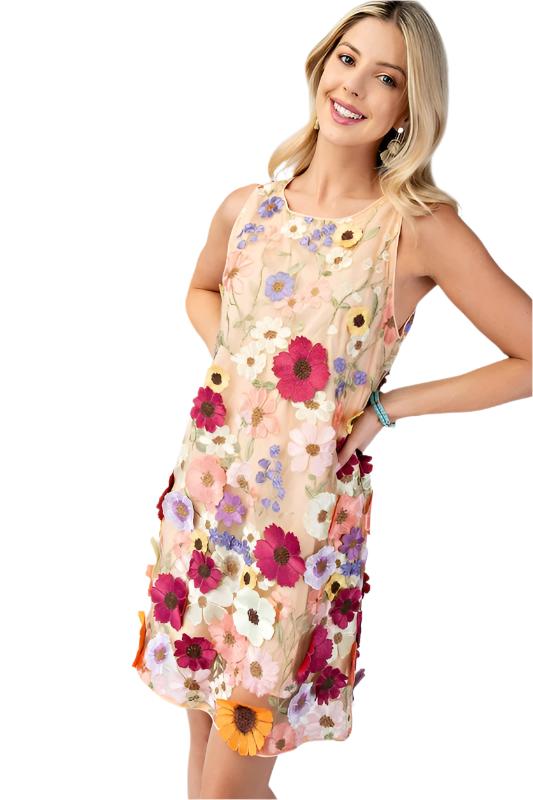 3D Floral Embroidered Sleeveless Mini Dress