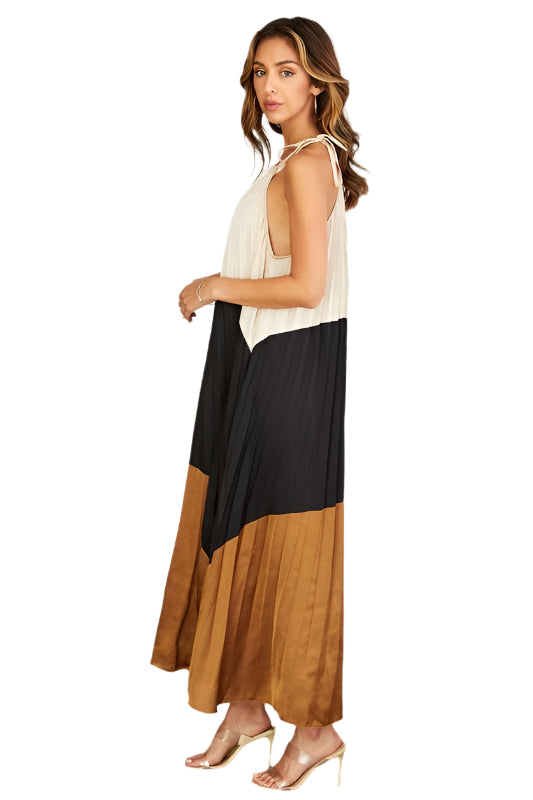 Color Block Keyhole Pleated Tie Neck Maxi Dress