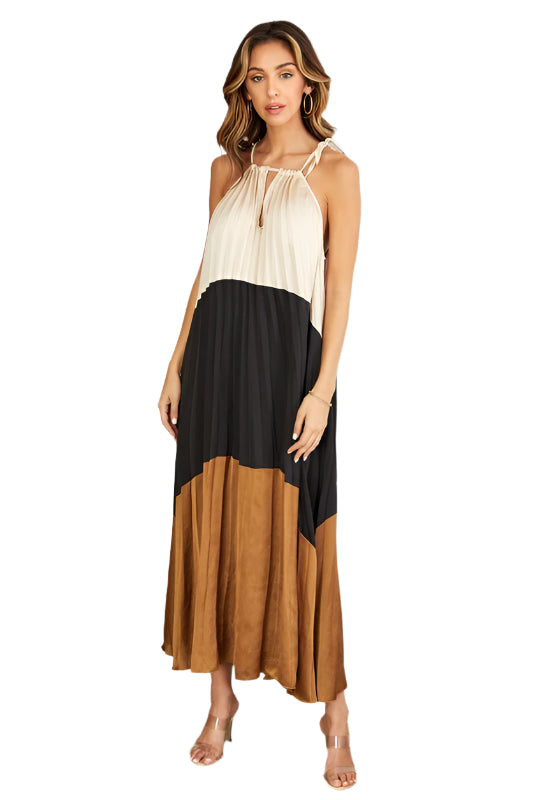 Color Block Keyhole Pleated Tie Neck Maxi Dress