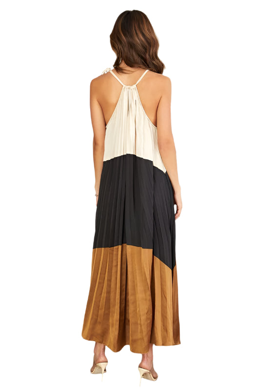Color Block Keyhole Pleated Tie Neck Maxi Dress