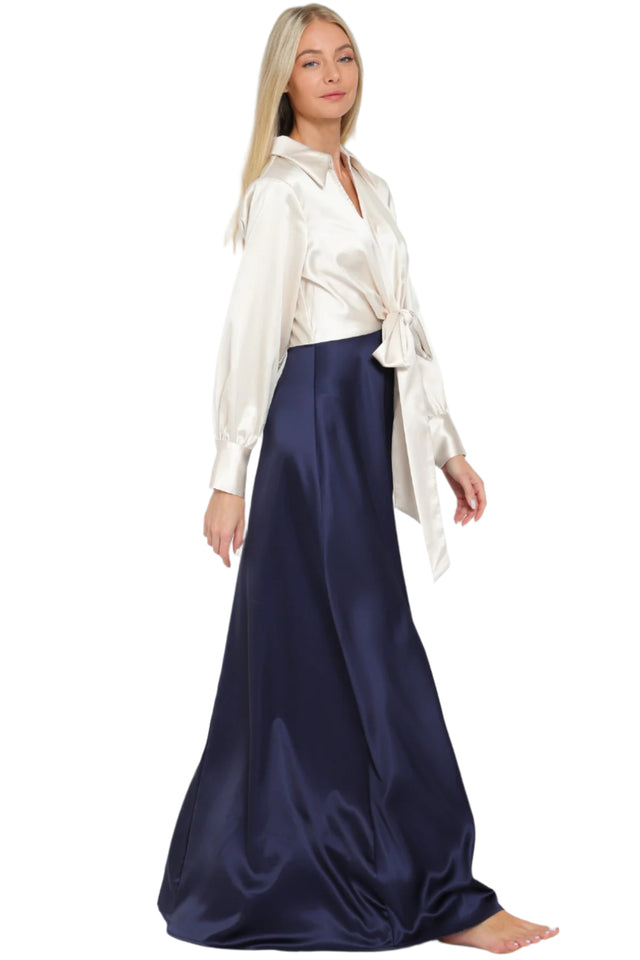 Long Sleeve Tie Front Color Block Maxi Dress