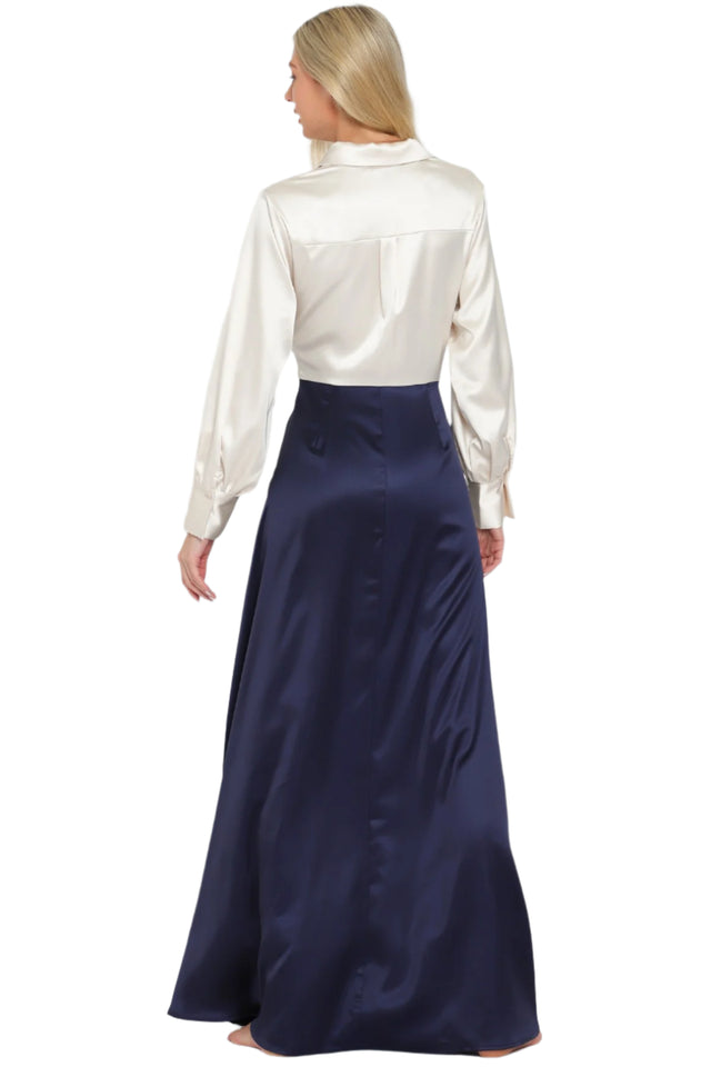 Long Sleeve Tie Front Color Block Maxi Dress