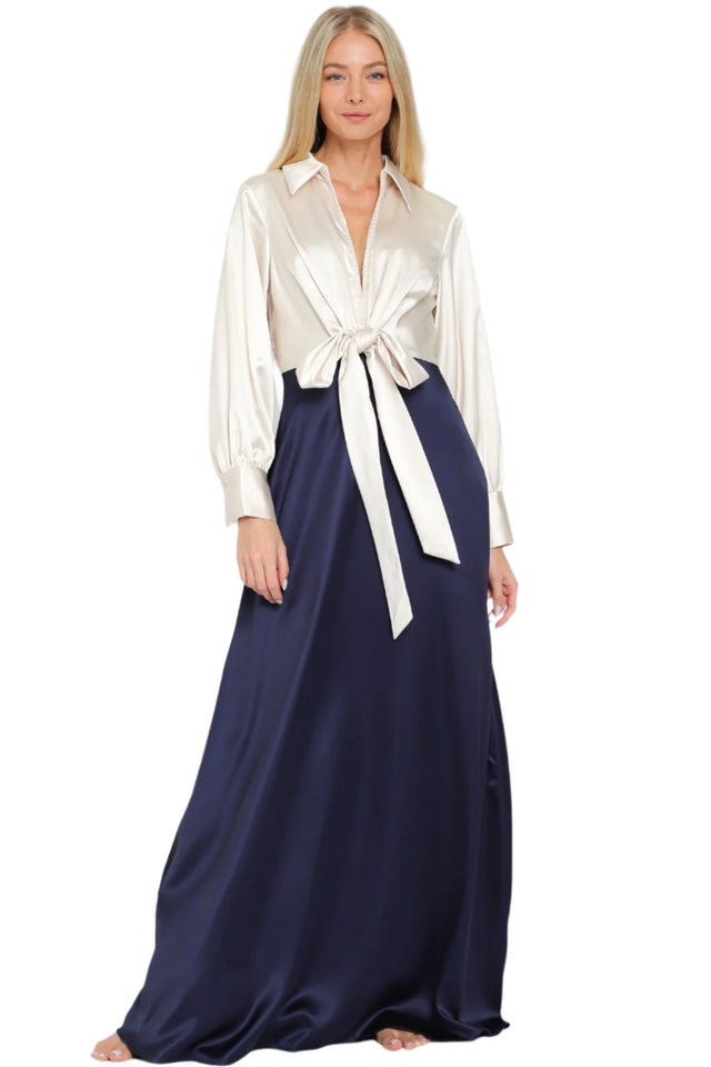 Long Sleeve Tie Front Color Block Maxi Dress