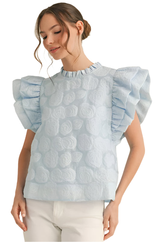 Flower Textured Ruffly Shoulder Top