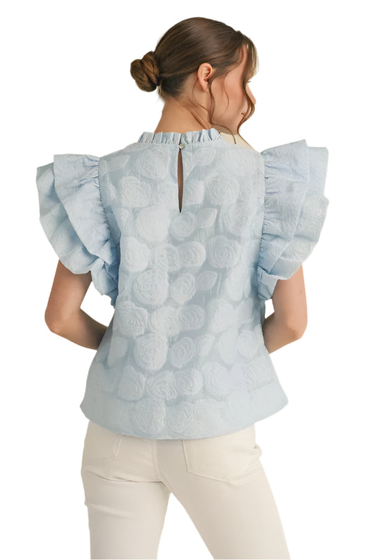 Flower Textured Ruffly Shoulder Top