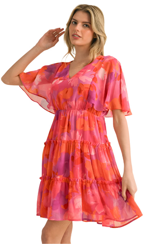 Print Chiffon Short Bell Sleeves Dress