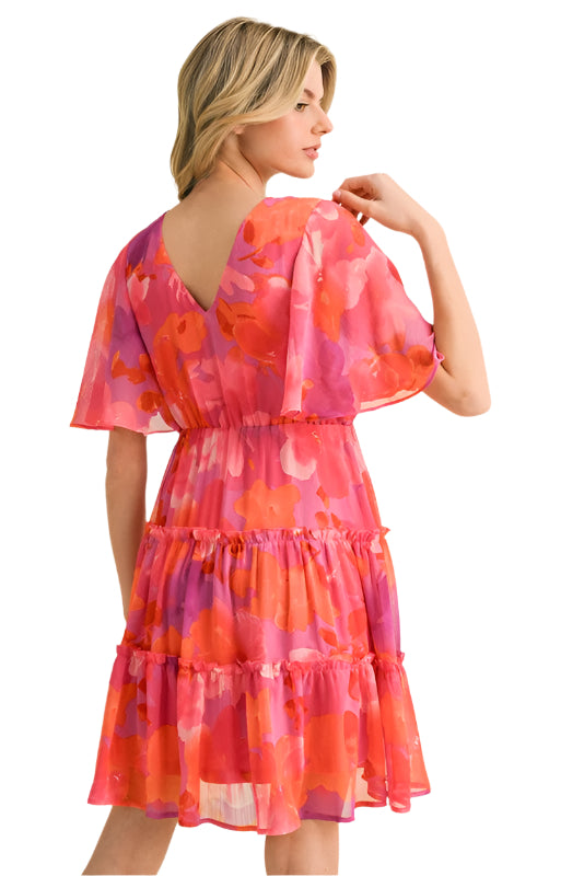 Print Chiffon Short Bell Sleeves Dress