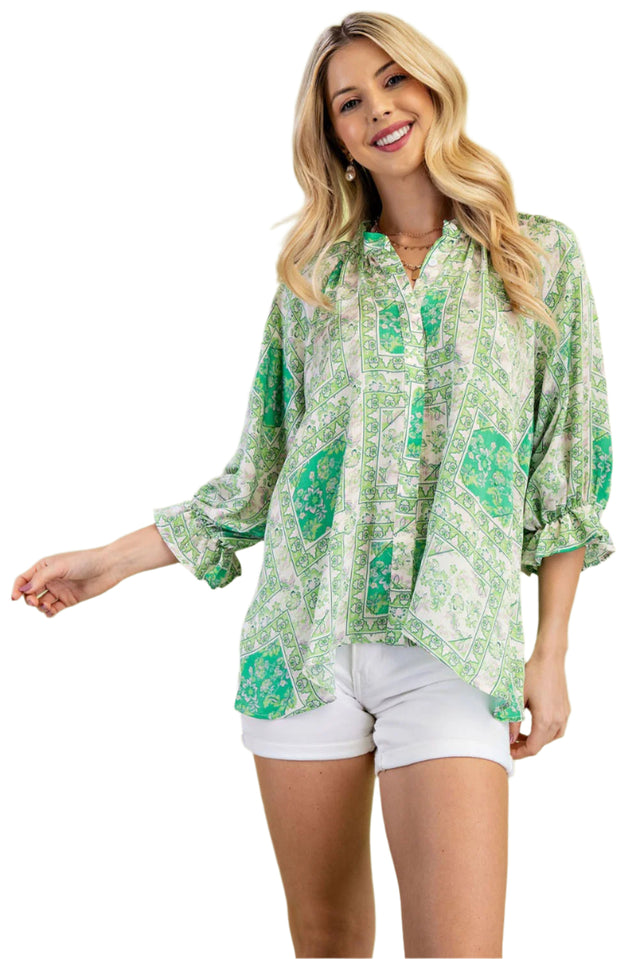Scarf Print Loose Balloon Sleeve Blouse