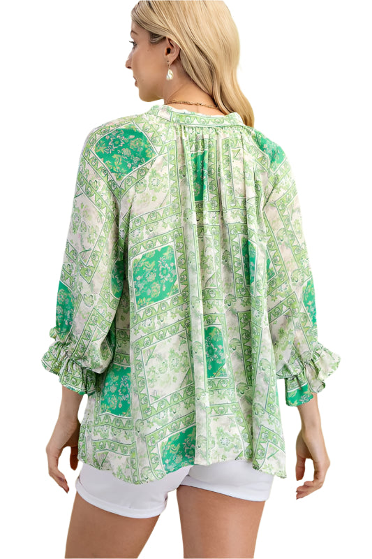 Scarf Print Loose Balloon Sleeve Blouse