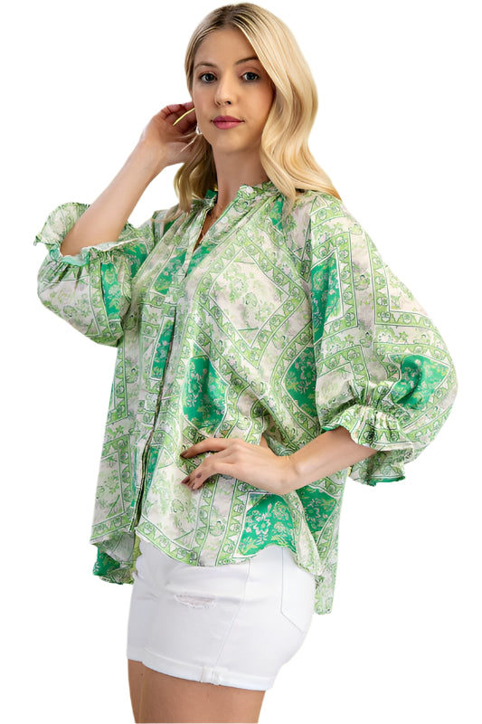 Scarf Print Loose Balloon Sleeve Blouse