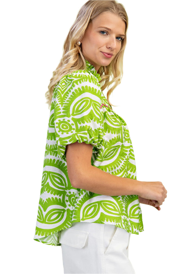 Ruffled Neck Short Puff Sleeve Top