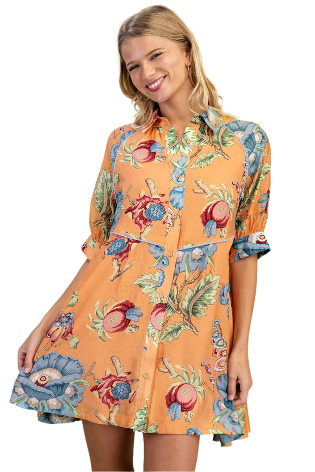 Floral Print Button Front Mini Shirt Dress
