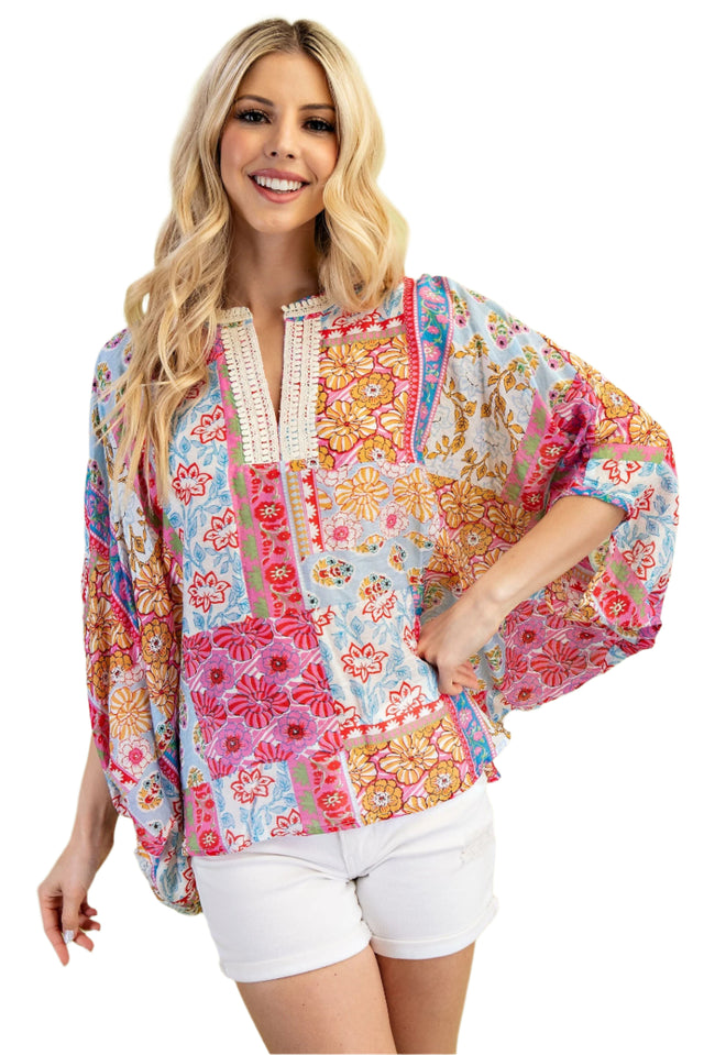 Mixed Print Dolman Sleeve Top
