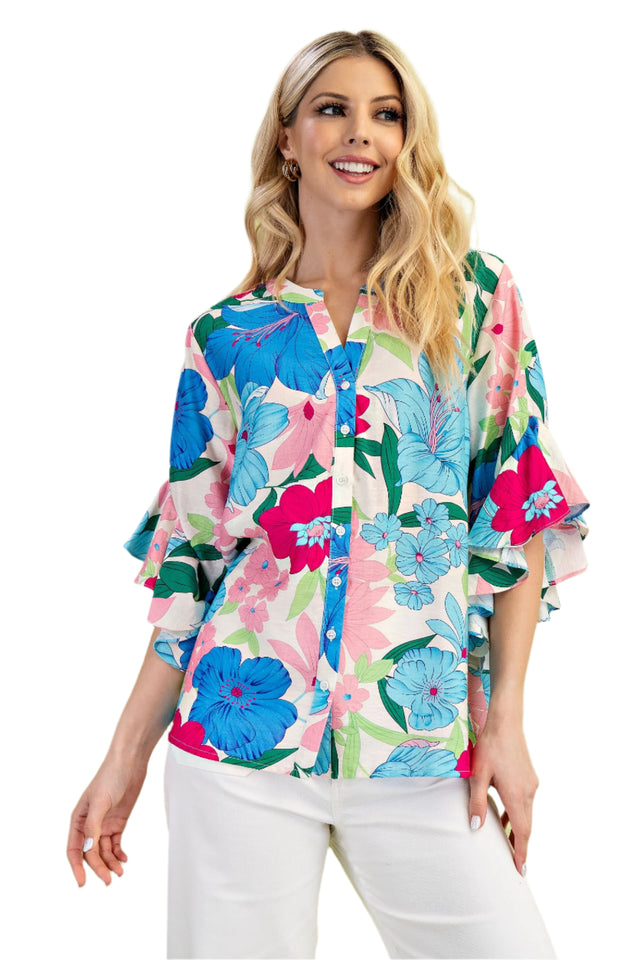Floral Ruffled Bell Sleeve Top