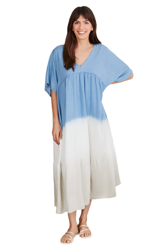 V-Neck Short Sleeve Ombre Maxi Long Dress